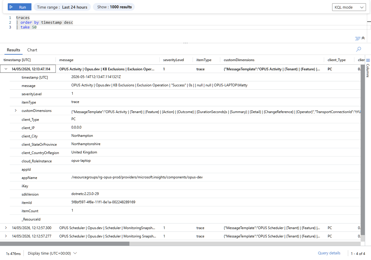 OPUS activity streaming to Azure Application Insights